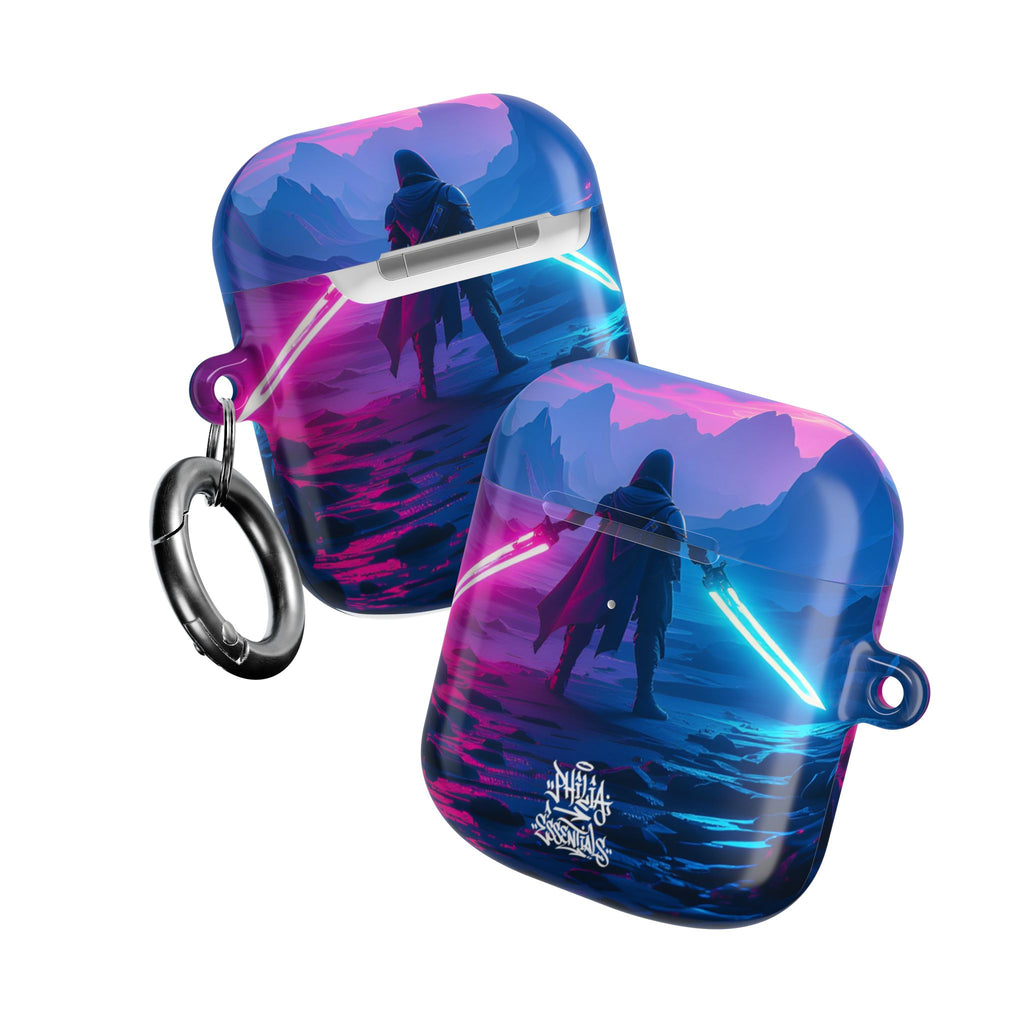 Neon Duelist Lightsaber Warrior AirPod Case — Cyberpunk Sci‑Fi Protective Case