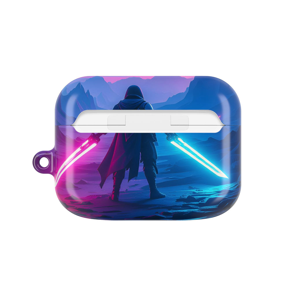 Neon Duelist Lightsaber Warrior AirPod Case — Cyberpunk Sci‑Fi Protective Case