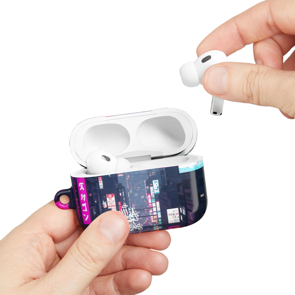 Neon Tokyo Cityscape AirPod Case — Cyberpunk Street Design