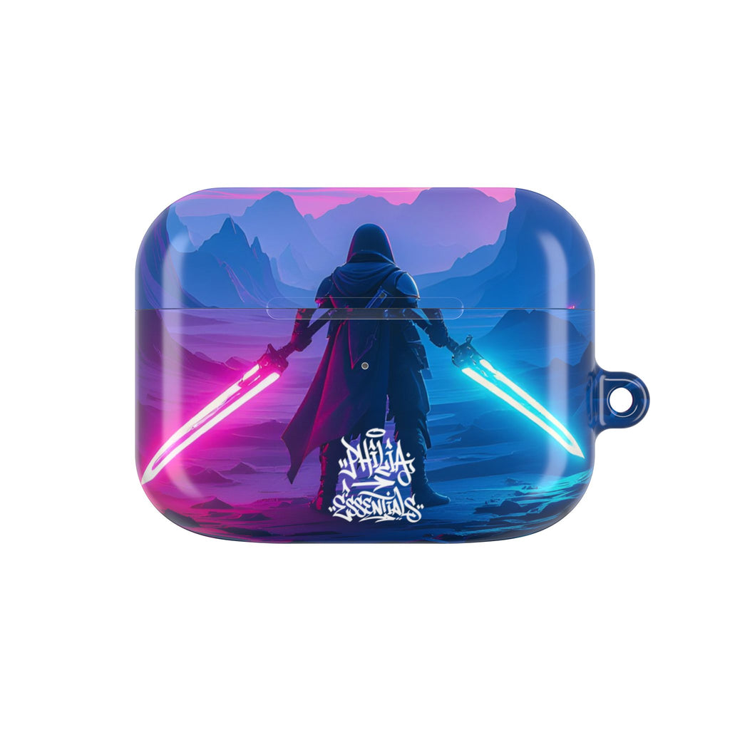 Neon Duelist Lightsaber Warrior AirPod Case — Cyberpunk Sci‑Fi Protective Case