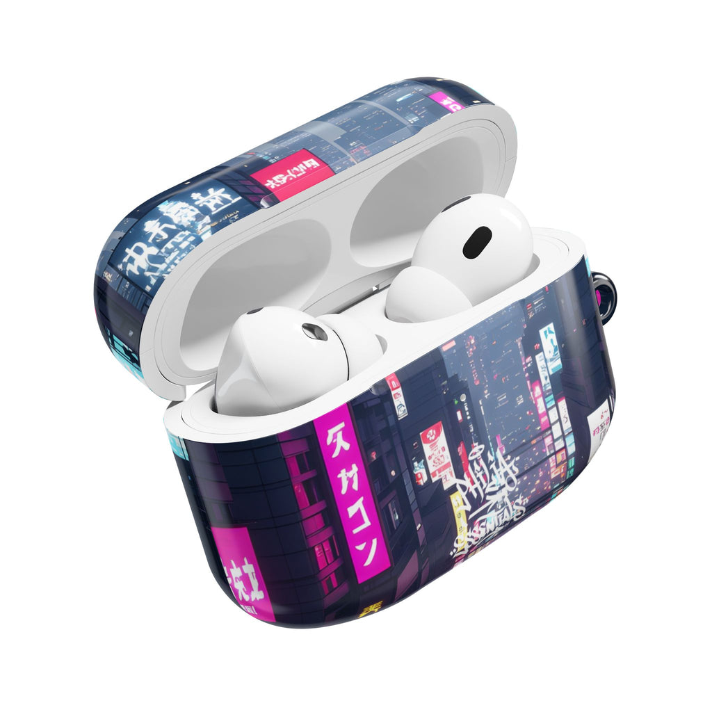 Neon Tokyo Cityscape AirPod Case — Cyberpunk Street Design