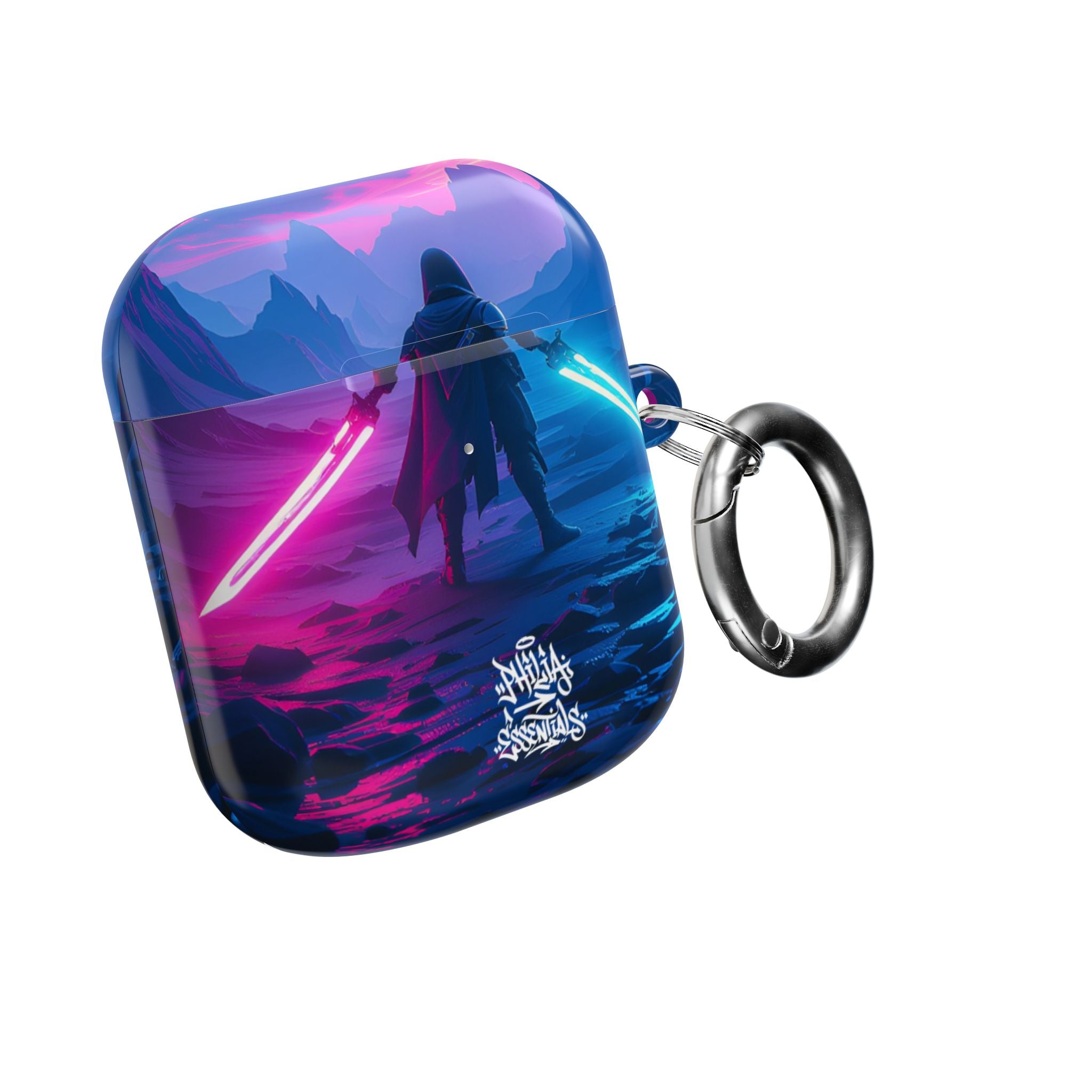 Neon Duelist Lightsaber Warrior AirPod Case — Cyberpunk Sci‑Fi Protective Case