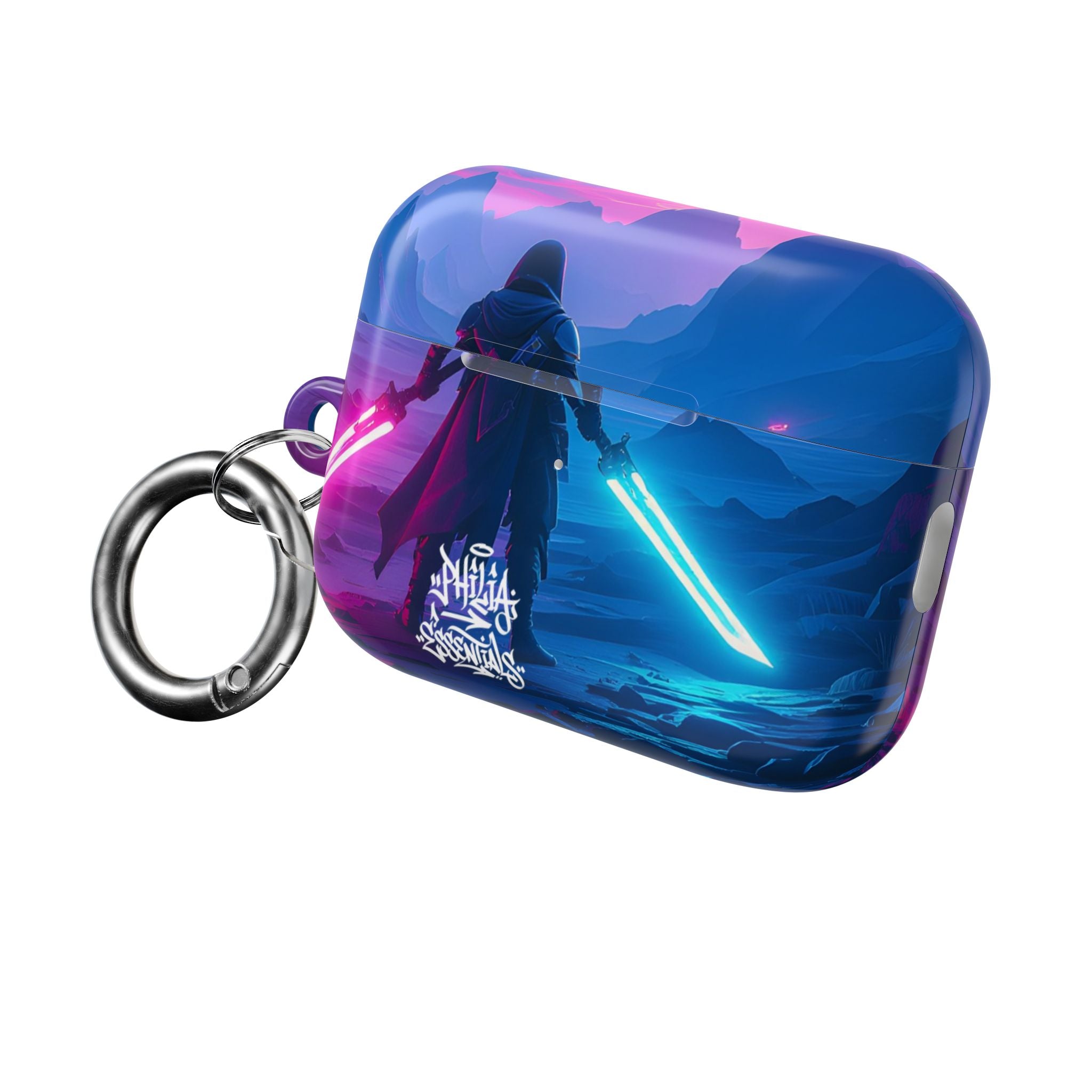 Neon Duelist Lightsaber Warrior AirPod Case — Cyberpunk Sci‑Fi Protective Case