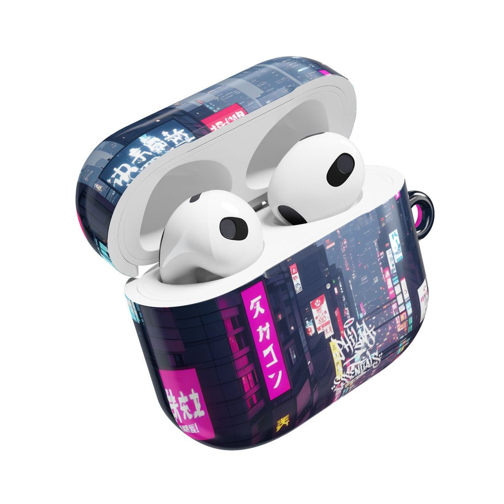 Neon Tokyo Cityscape AirPod Case — Cyberpunk Street Design