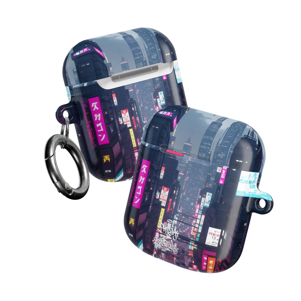 Neon Tokyo Cityscape AirPod Case — Cyberpunk Street Design