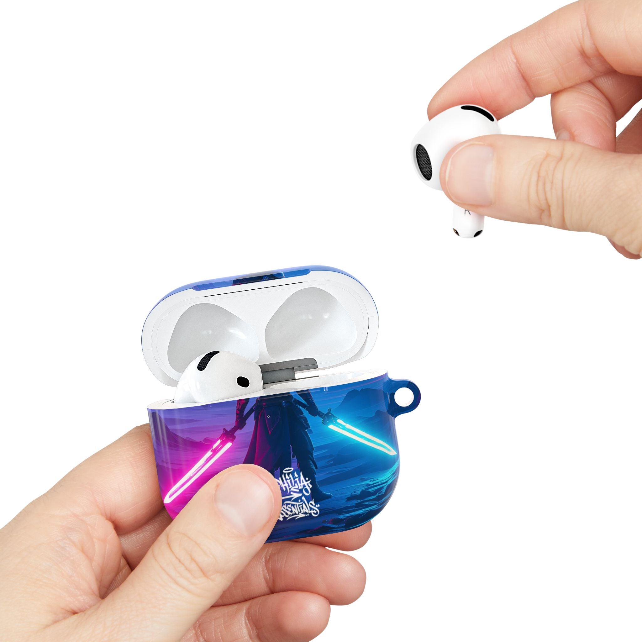 Neon Duelist Lightsaber Warrior AirPod Case — Cyberpunk Sci‑Fi Protective Case