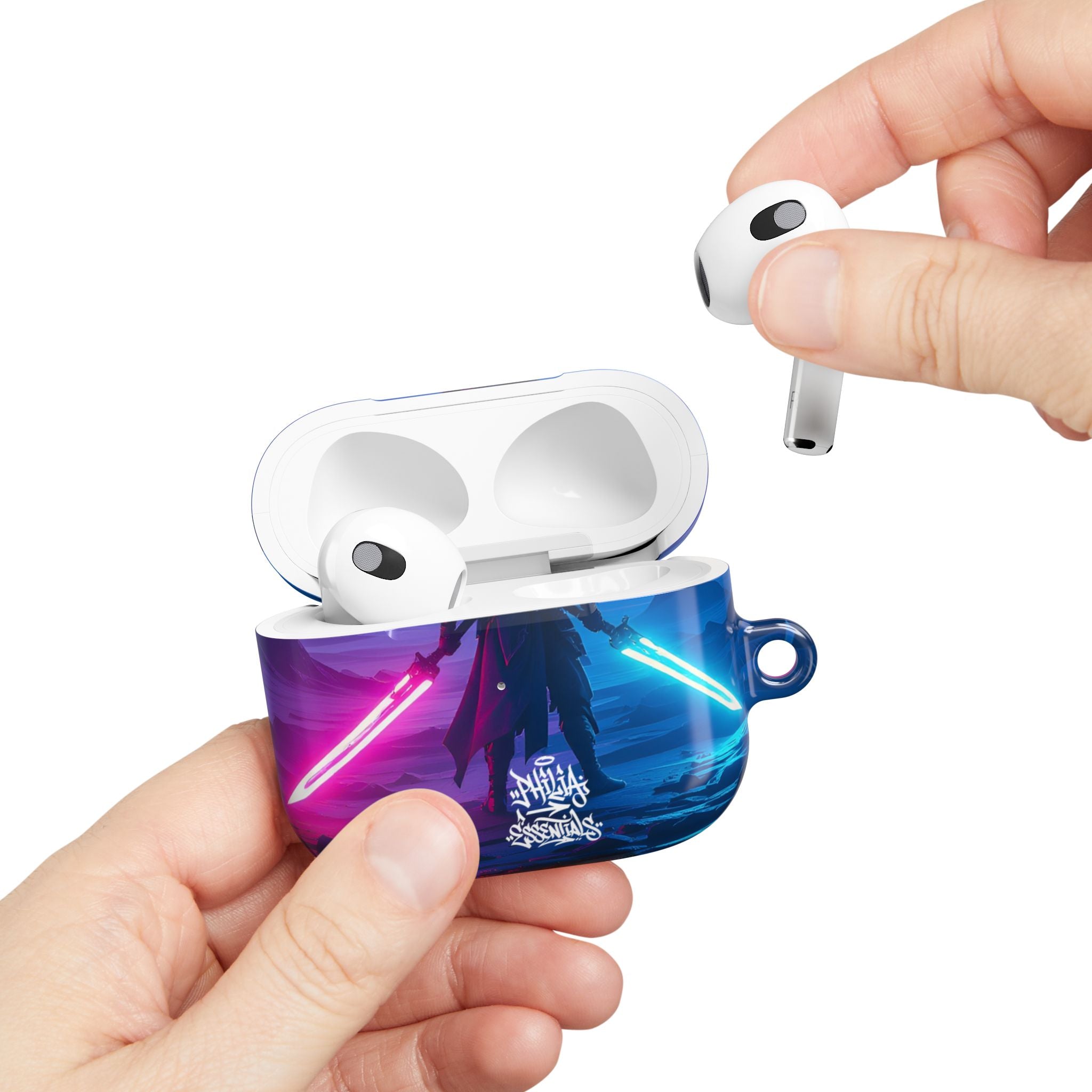 Neon Duelist Lightsaber Warrior AirPod Case — Cyberpunk Sci‑Fi Protective Case