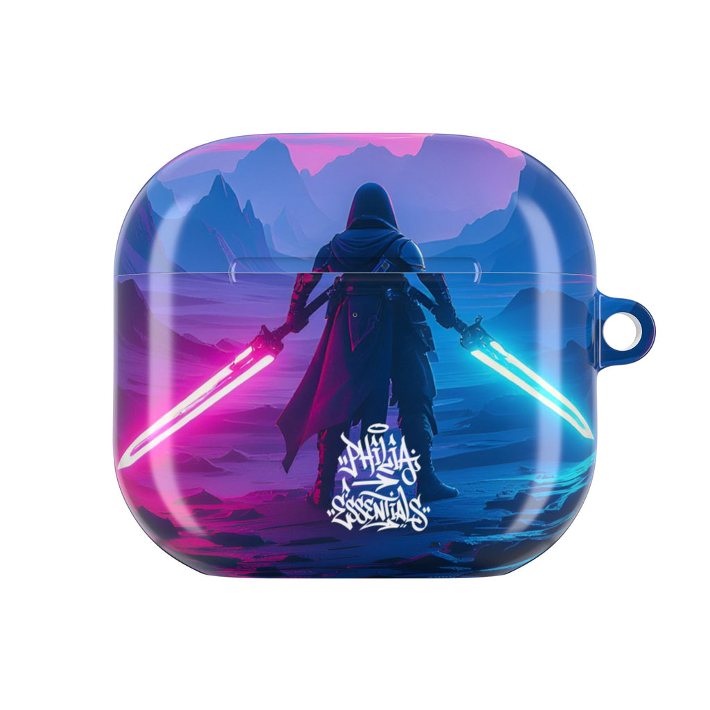 Neon Duelist Lightsaber Warrior AirPod Case — Cyberpunk Sci‑Fi Protective Case