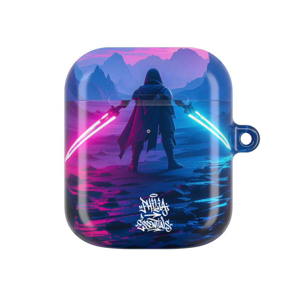 Neon Duelist Lightsaber Warrior AirPod Case — Cyberpunk Sci‑Fi Protective Case