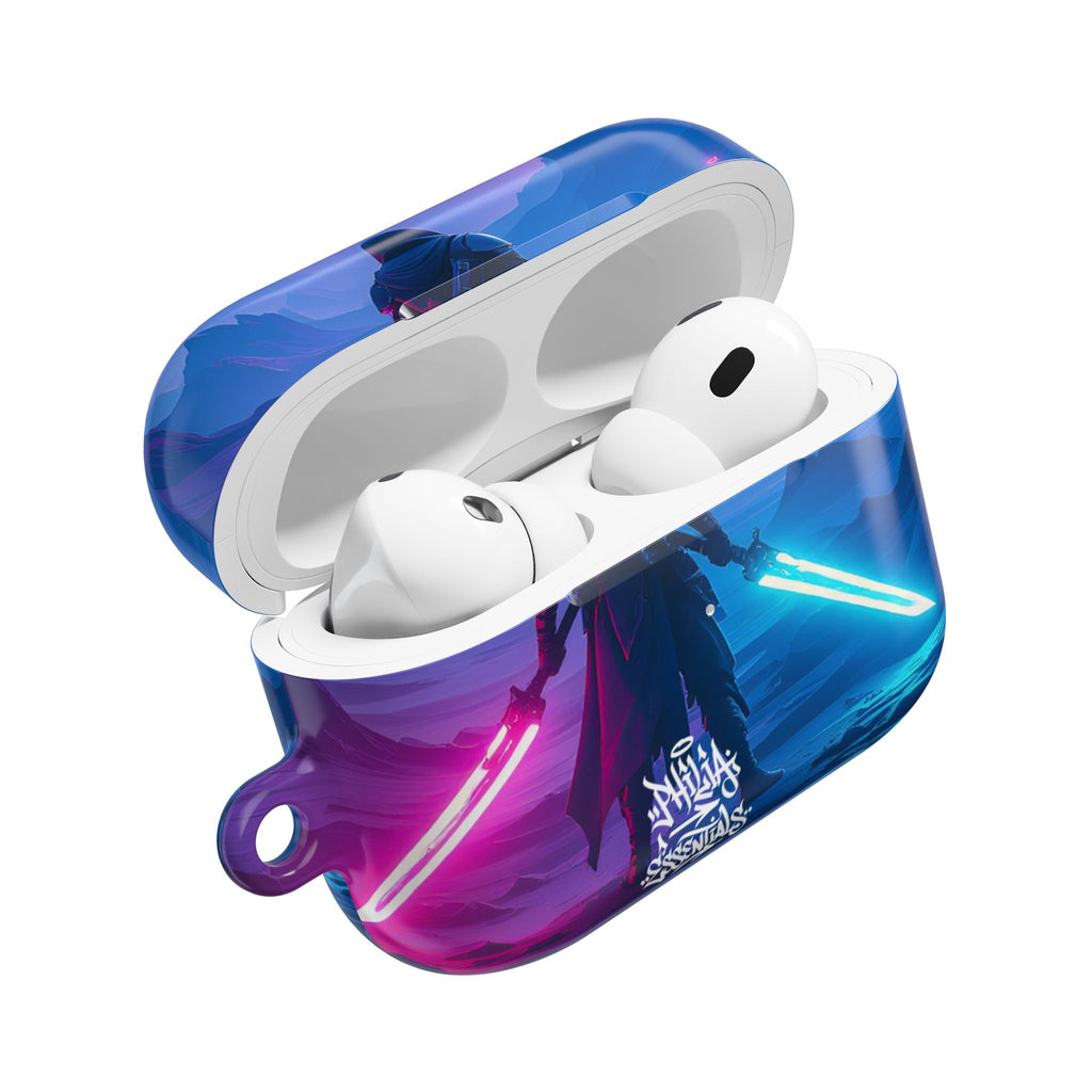 Neon Duelist Lightsaber Warrior AirPod Case — Cyberpunk Sci‑Fi Protective Case
