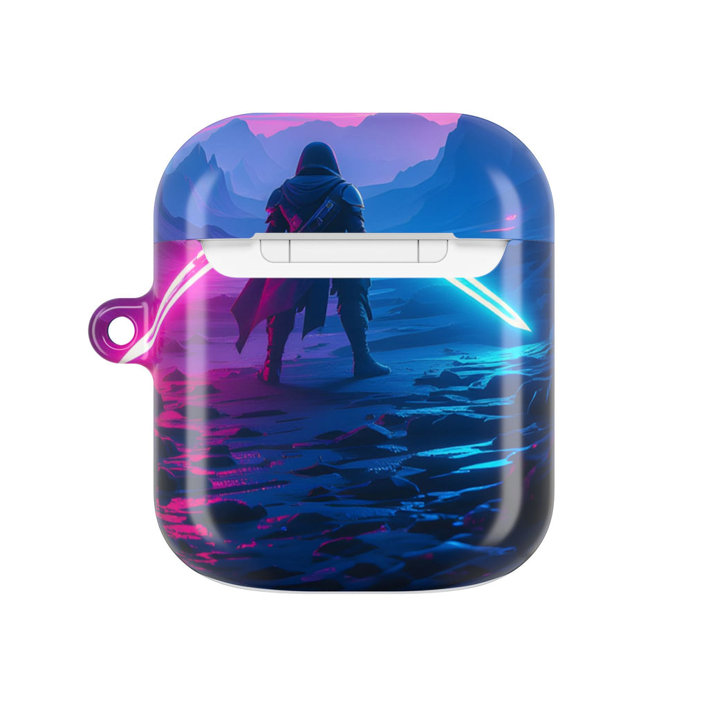 Neon Duelist Lightsaber Warrior AirPod Case — Cyberpunk Sci‑Fi Protective Case
