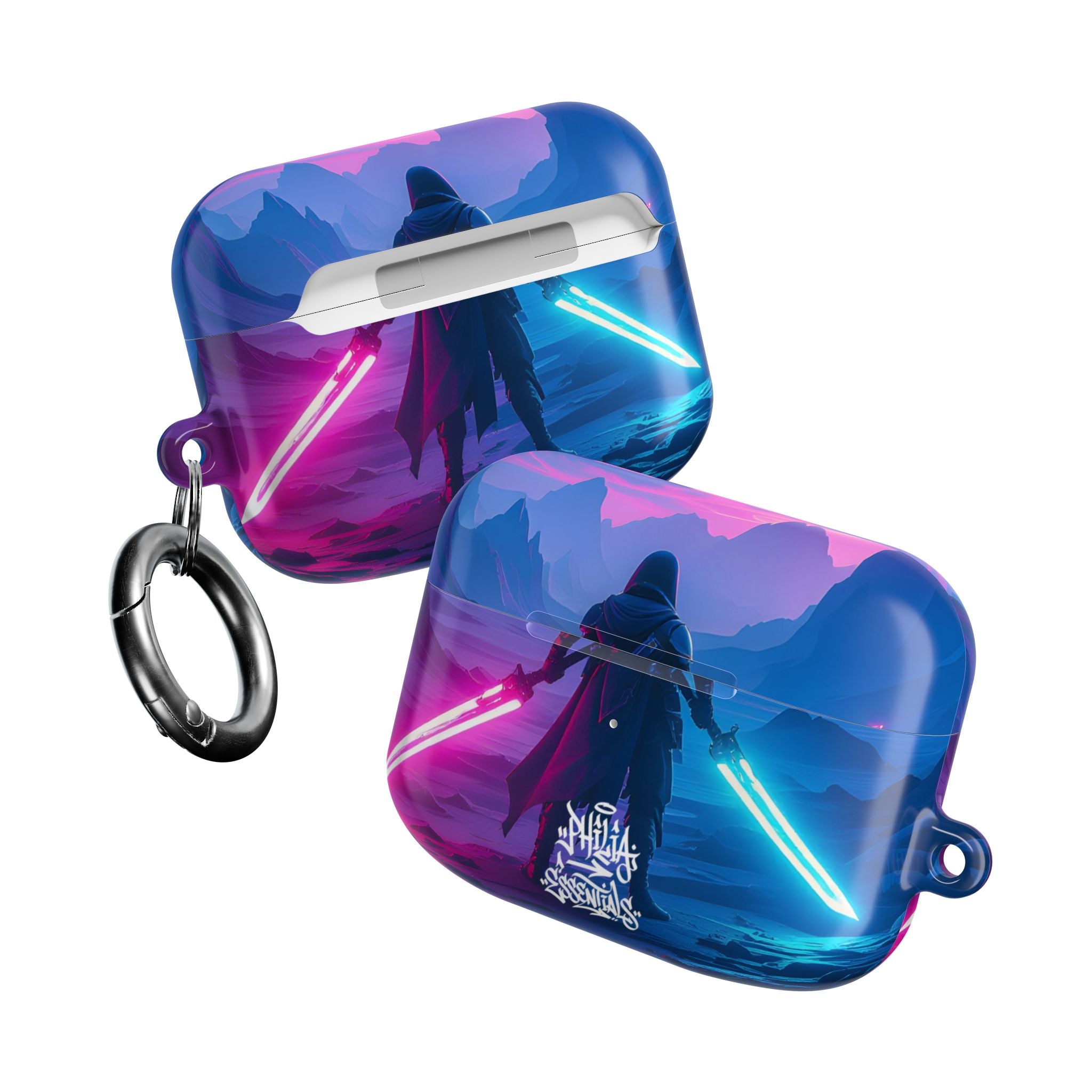 Neon Duelist Lightsaber Warrior AirPod Case — Cyberpunk Sci‑Fi Protective Case