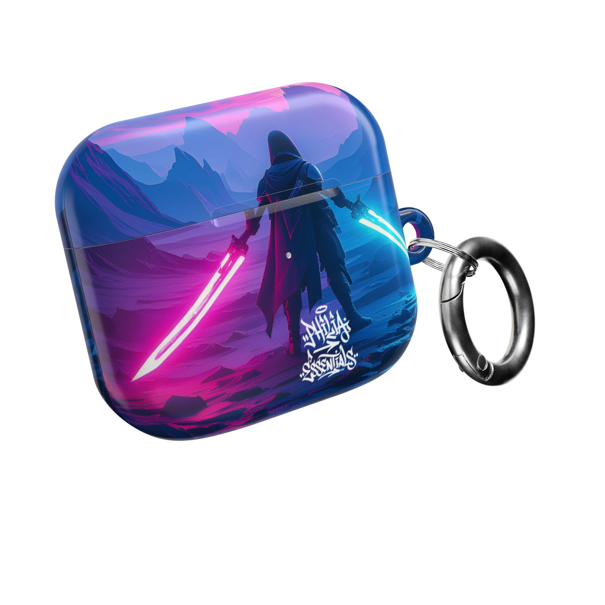 Neon Duelist Lightsaber Warrior AirPod Case — Cyberpunk Sci‑Fi Protective Case