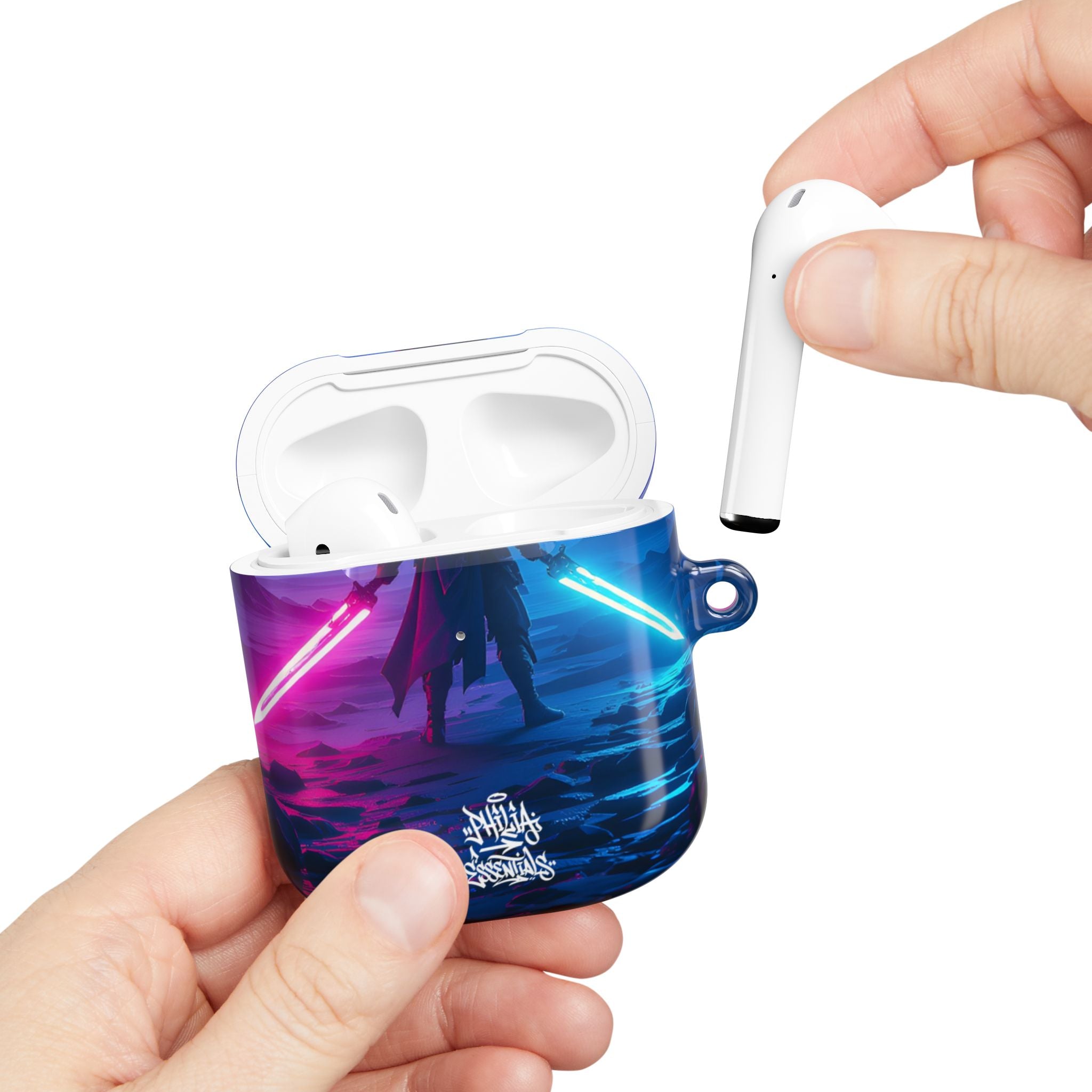 Neon Duelist Lightsaber Warrior AirPod Case — Cyberpunk Sci‑Fi Protective Case
