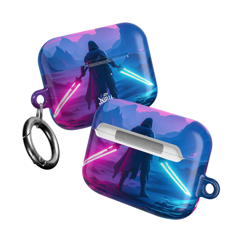 Neon Duelist Lightsaber Warrior AirPod Case — Cyberpunk Sci‑Fi Protective Case