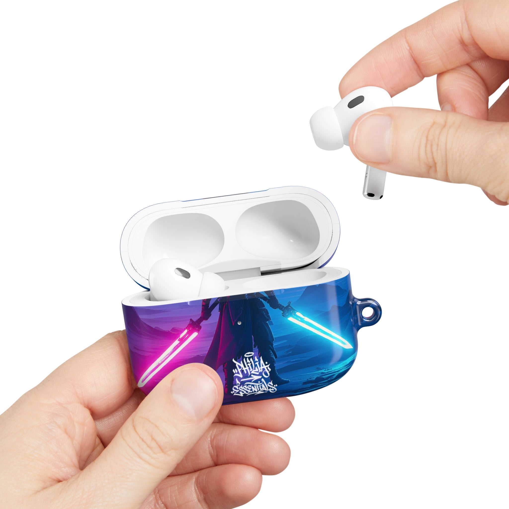 Neon Duelist Lightsaber Warrior AirPod Case — Cyberpunk Sci‑Fi Protective Case