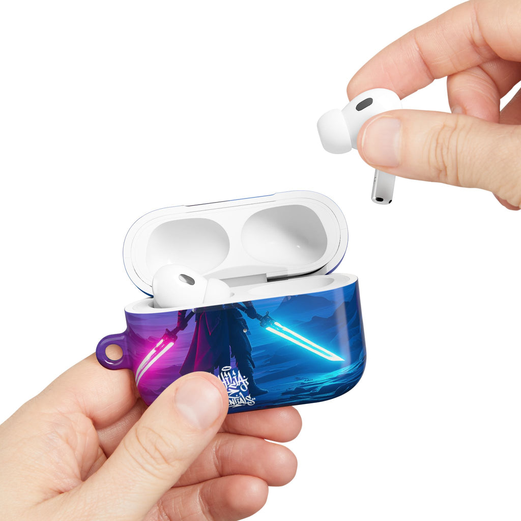 Neon Duelist Lightsaber Warrior AirPod Case — Cyberpunk Sci‑Fi Protective Case