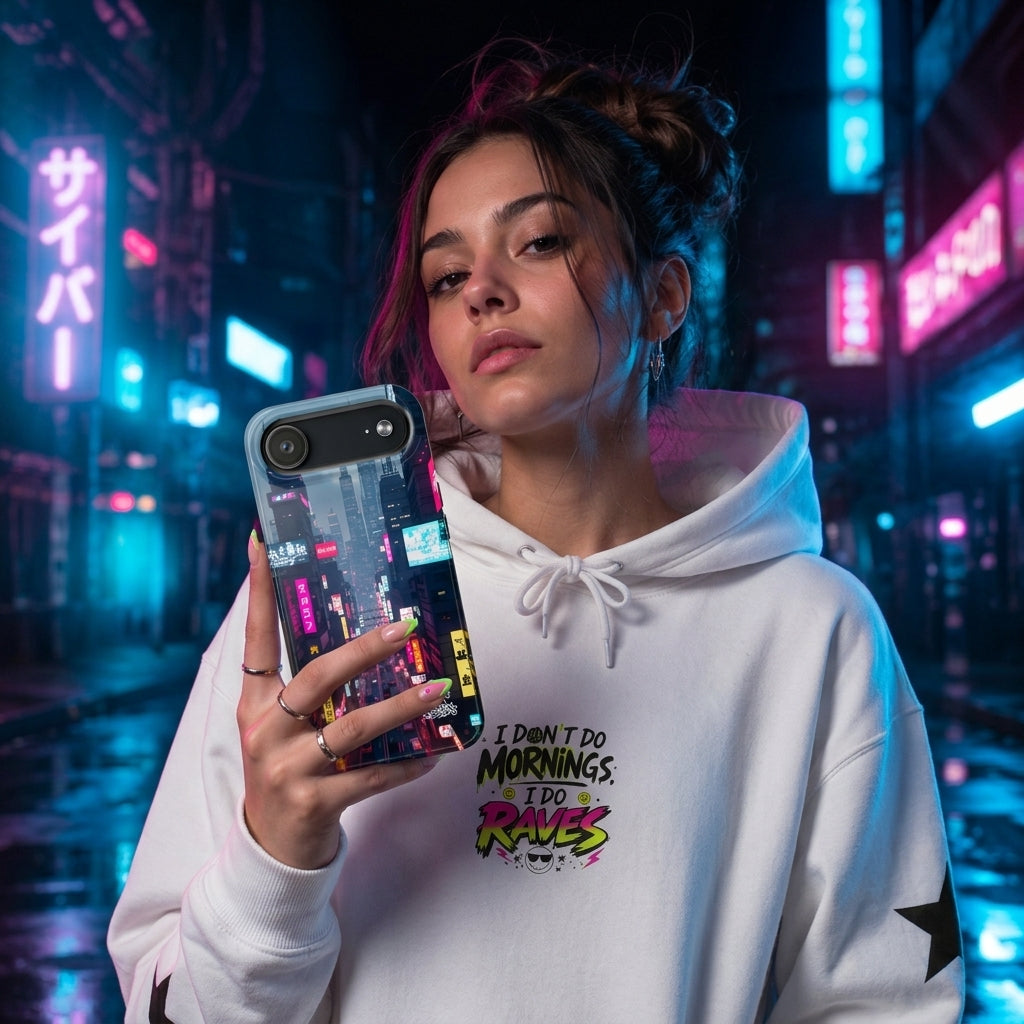 Model Mockup of Philia Cyberpunk City Phone Case in Cyberpunk Studio Setting