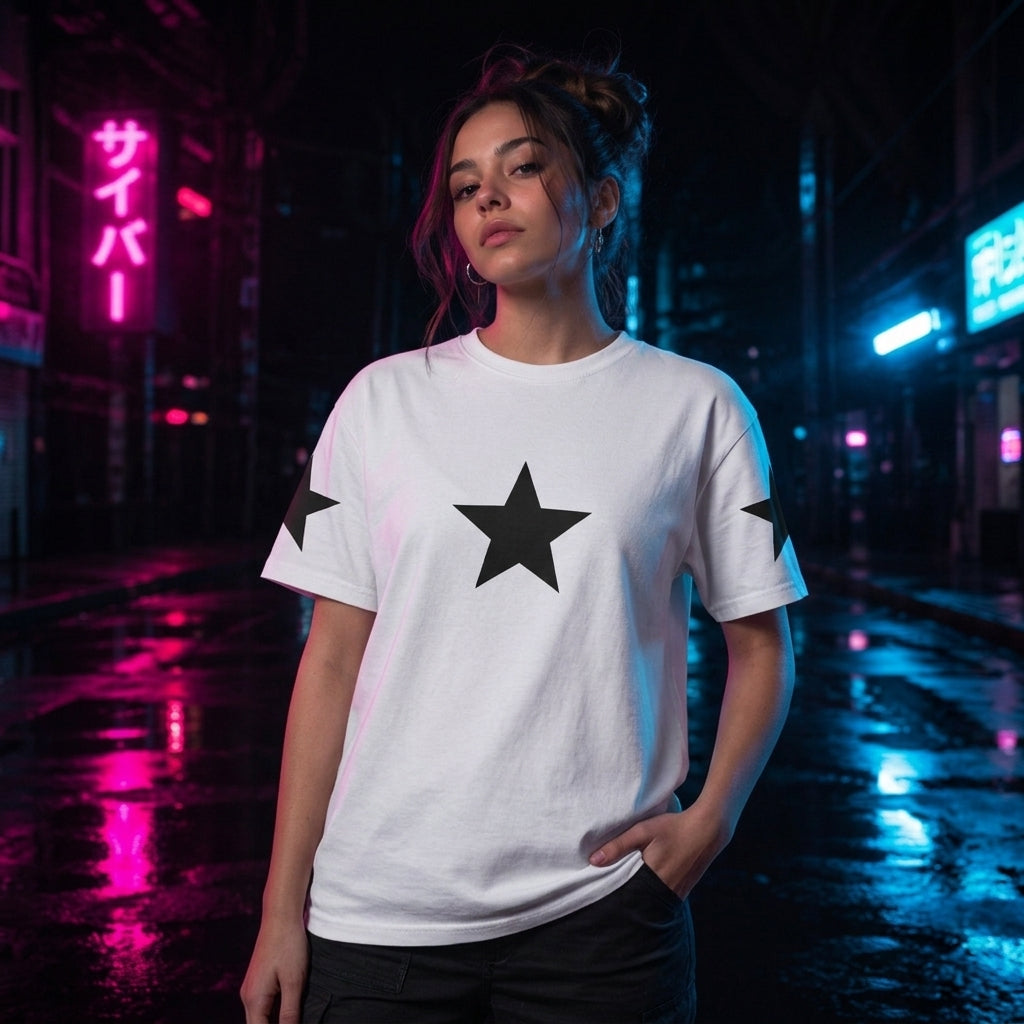 Model Mockup of Philia Black Star Tee in Cyberpunk Studio Setting