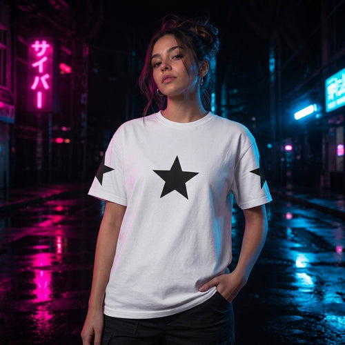 Model Mockup of Philia Black Star Tee in Cyberpunk Studio Setting